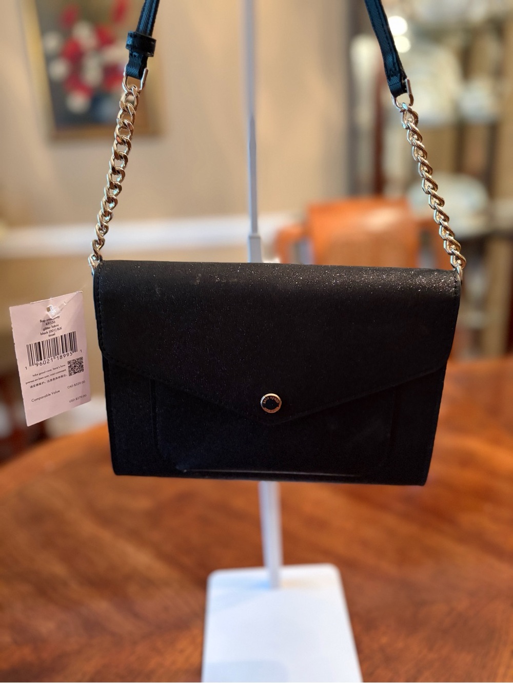 kate spade Black Envelope Flap Crossbody with Gold Chain - Black Tinsel